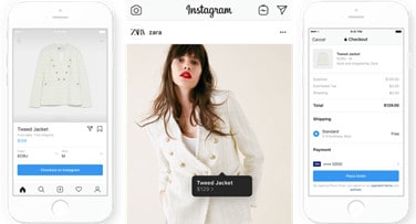 Instagram shopping feature, with product update, shoppable post, and checkout images