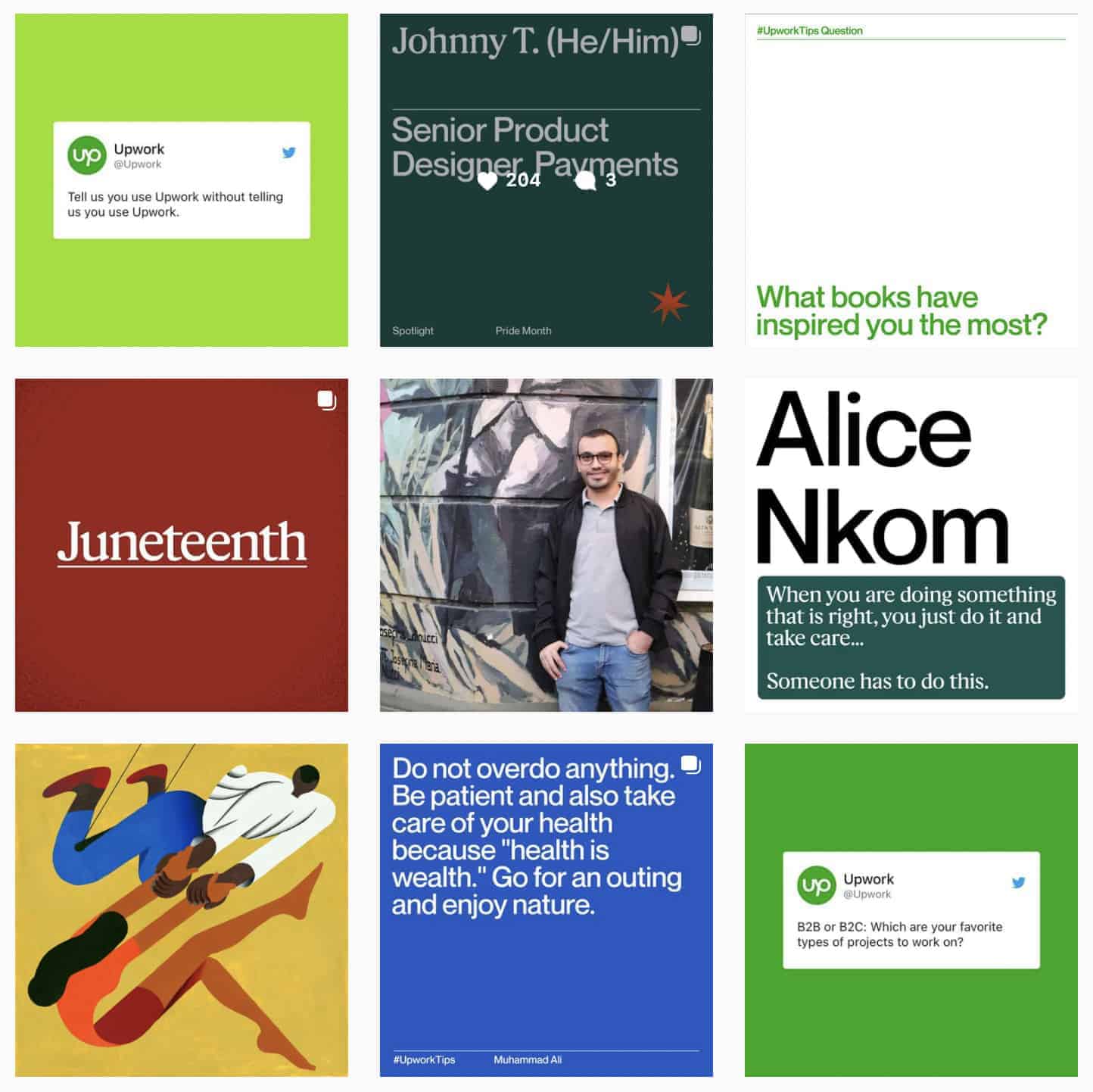 Upwork's updated Instagram feed with more variety and colours