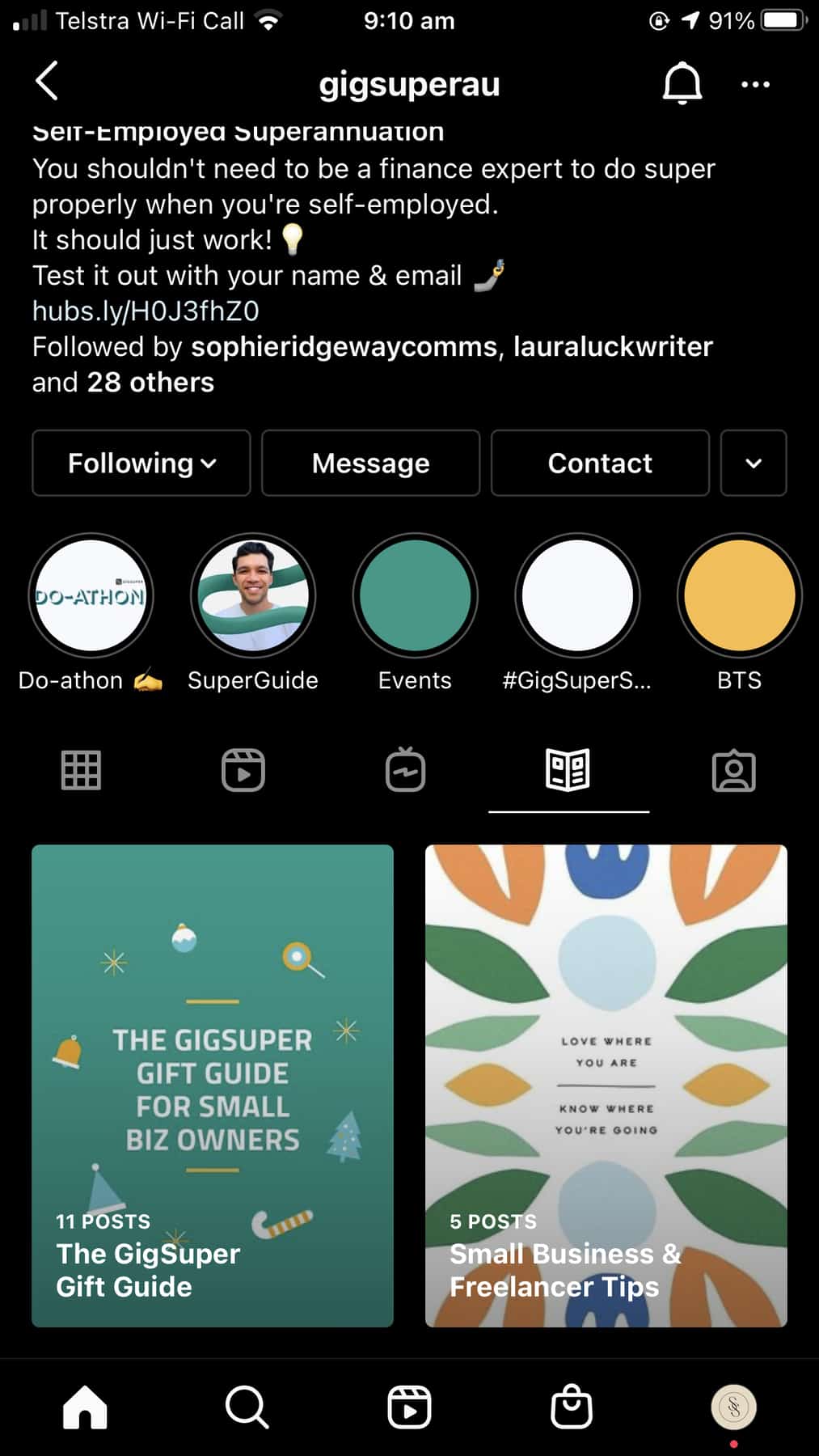 Gig Super's Instagram showig guides to gifts for small biz owners and tips for small business and freelancers