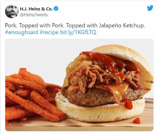 Heinz tweet showing pork burger with extra pork and topped with jalapeno ketchup