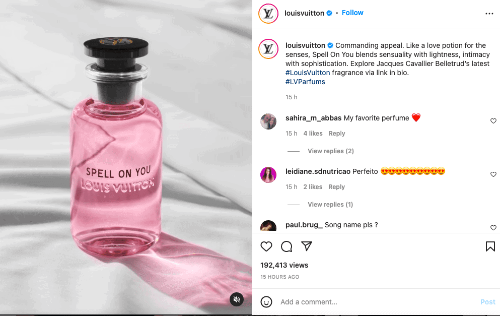 @louis vuitton Instagram post of a bottle of perfume reading 'Spell on you'