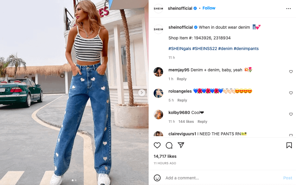 @shein official Instagram post of woman in high-waisted jeans