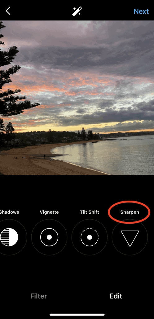 Highlight of the sharpen function on Instagram