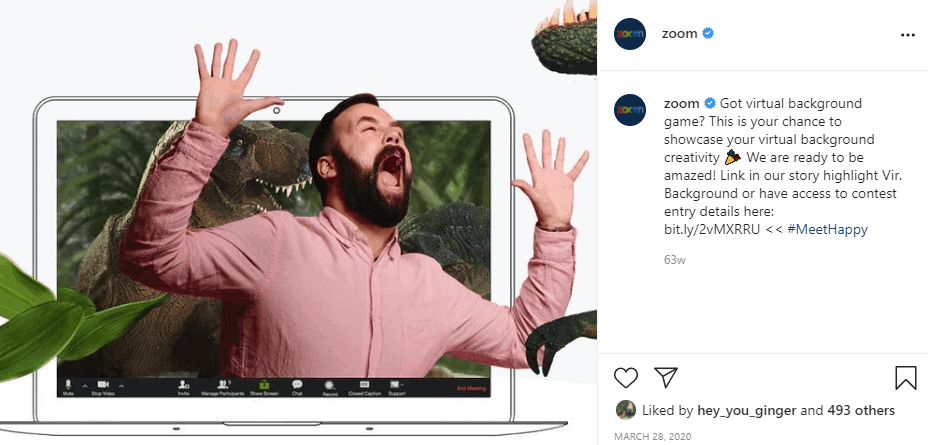 Zoom instagram post featuring man pretending to run away from a t-rex during a zoom call