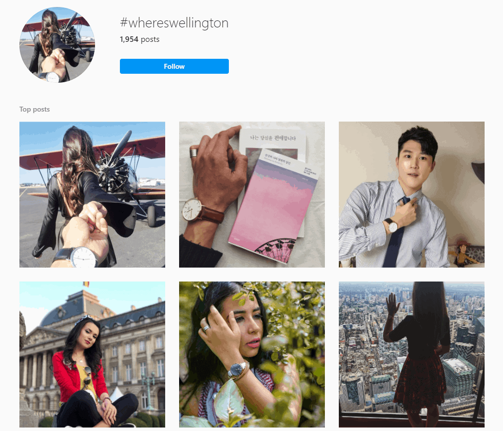 Hashtag page for #wheresweelington showcasing several Wellington watch wearers in exotic locations