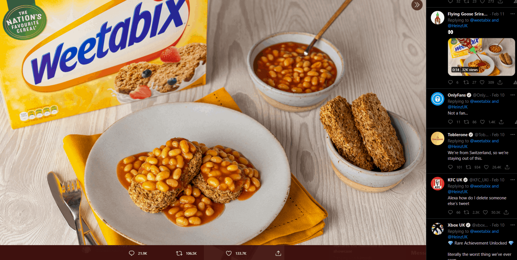 Truly horrific image of baked beans on weetabix with several other companies chiming in to castigate this unholiness