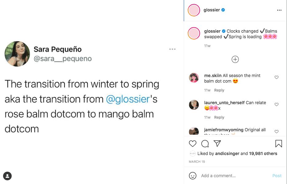 Twitter post reposted on Instagram talking about how the user changes Glossier products as the season changes