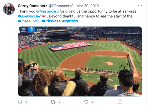 Tweet from man showing a picture of his view of a baseball game from his place in the bleachers