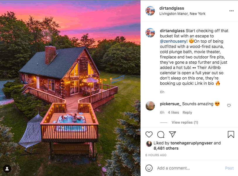 Instagram post of couple in hot tub outside of small cottage home surrounded by nature