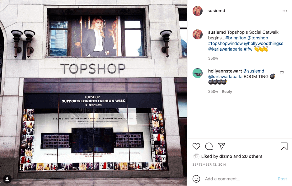 Instagram post of TopShop store running a virtual runway