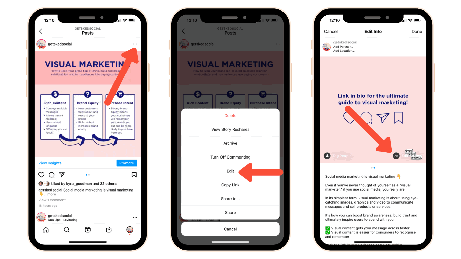 A series of screenshots showing the process for adding or editing alt text on existing Instagram images as explained in the article.