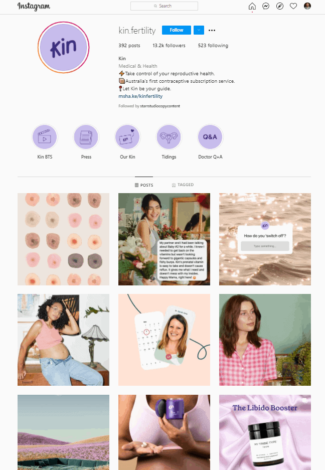 Kinfertility's Instagram feed using a consistent colour palette and style