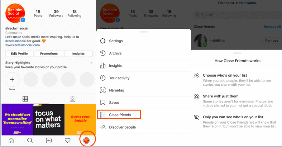 The process of creating the close friends list on Instagram.