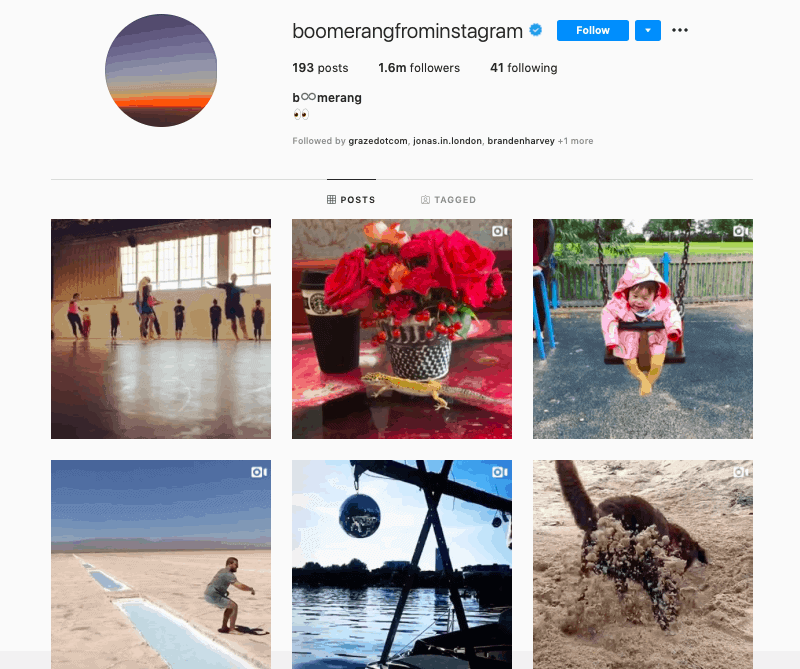 A screenshot of the BoomerangfromInstagram account.