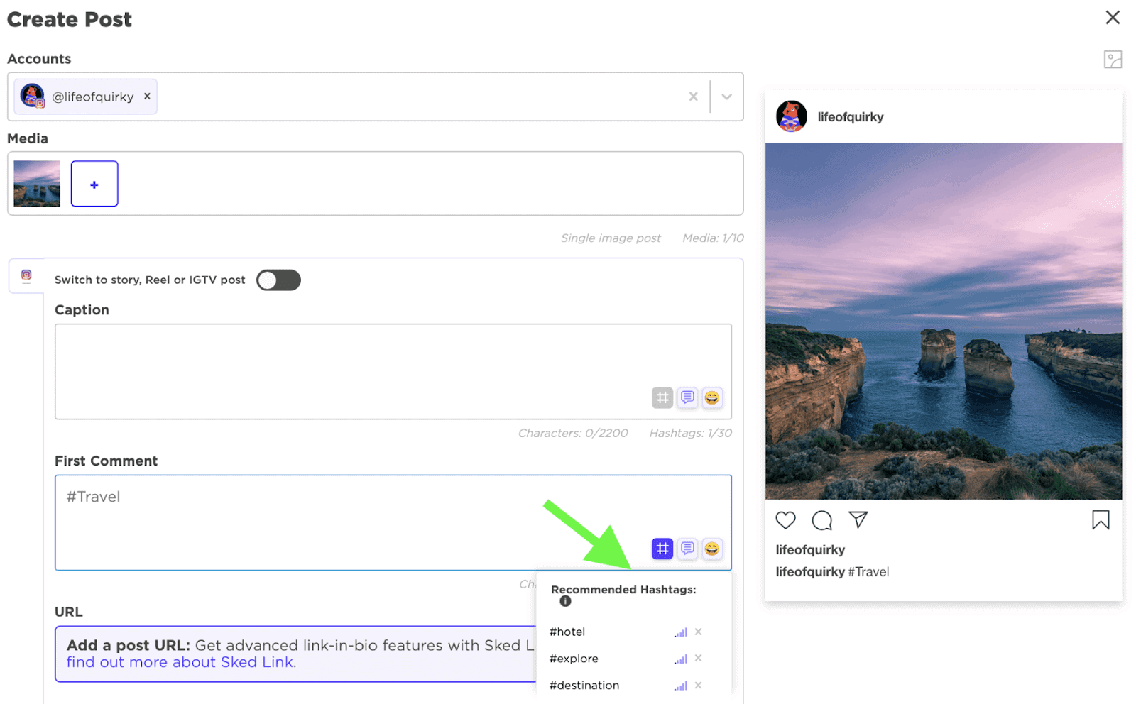 Sked Social's hashtag recommendation feature in post scheduler