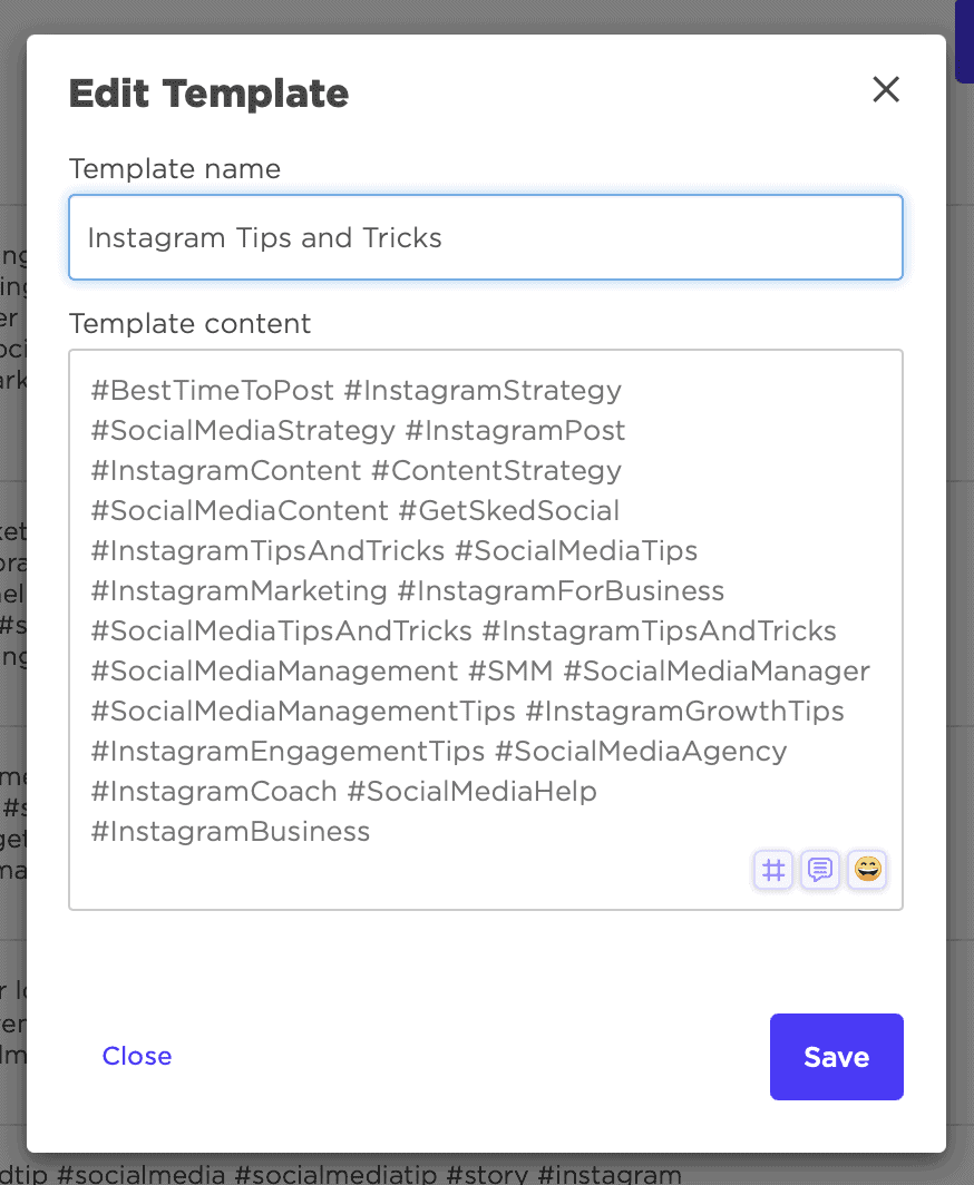 Sked Social's hashtag template editor